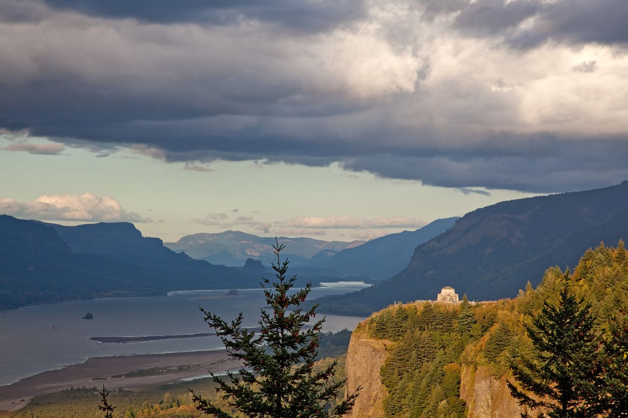 A bright light shines on the Vista House