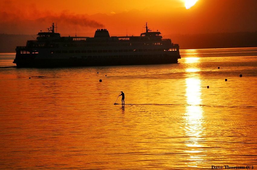 ferry at sunset