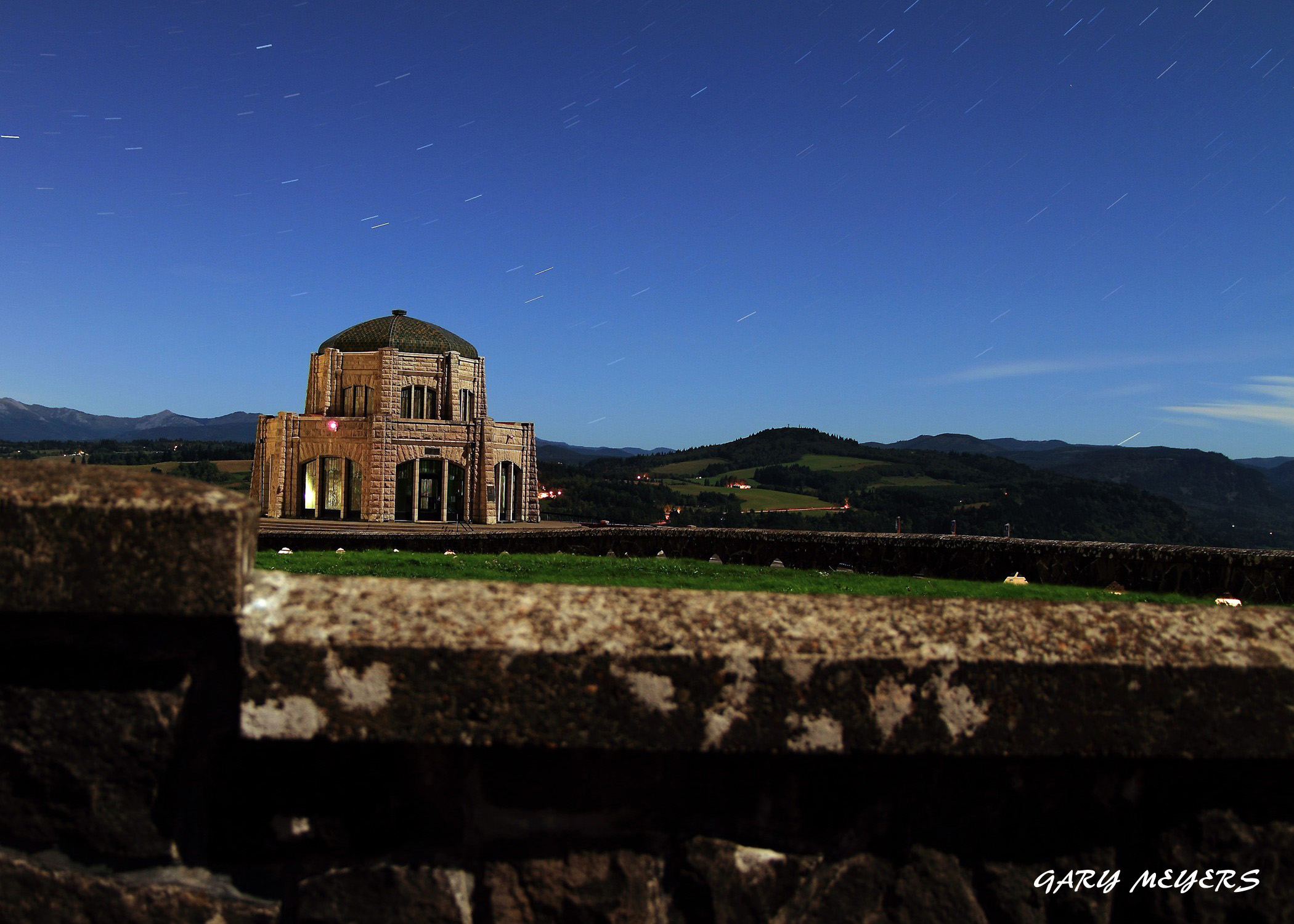 Star trails over the  Vista house