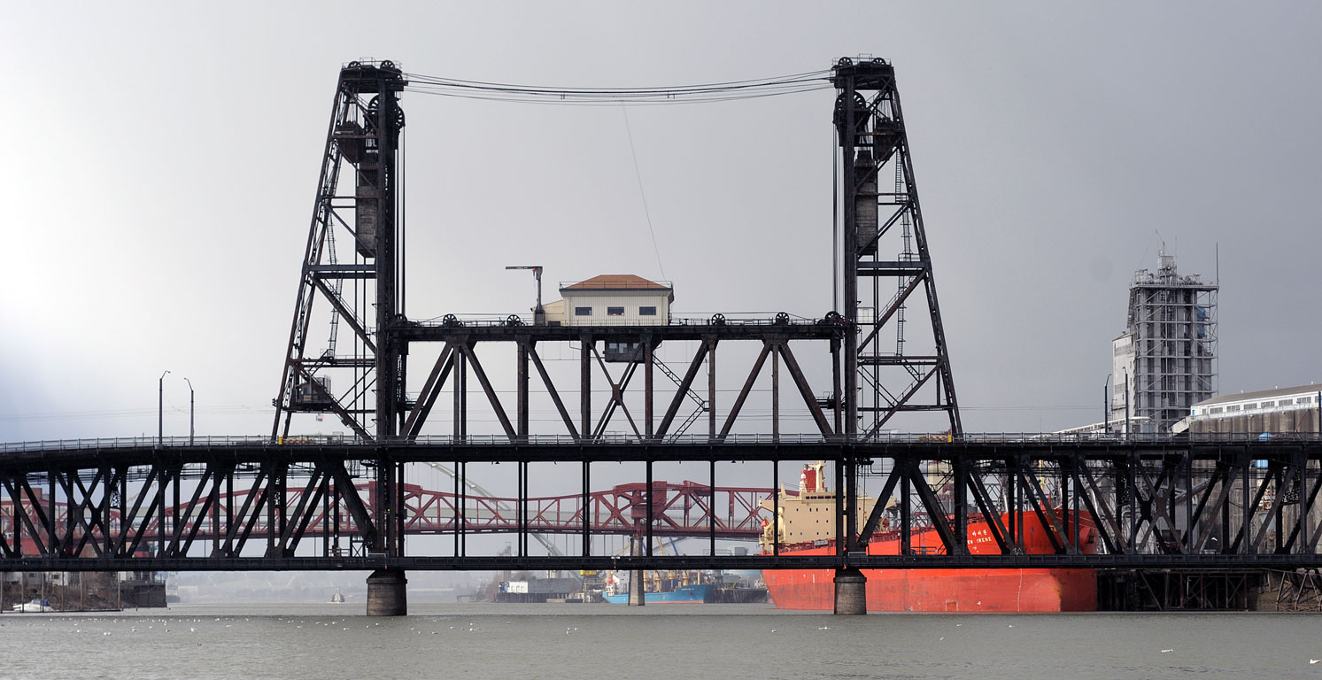 Steel Bridge, orange ship