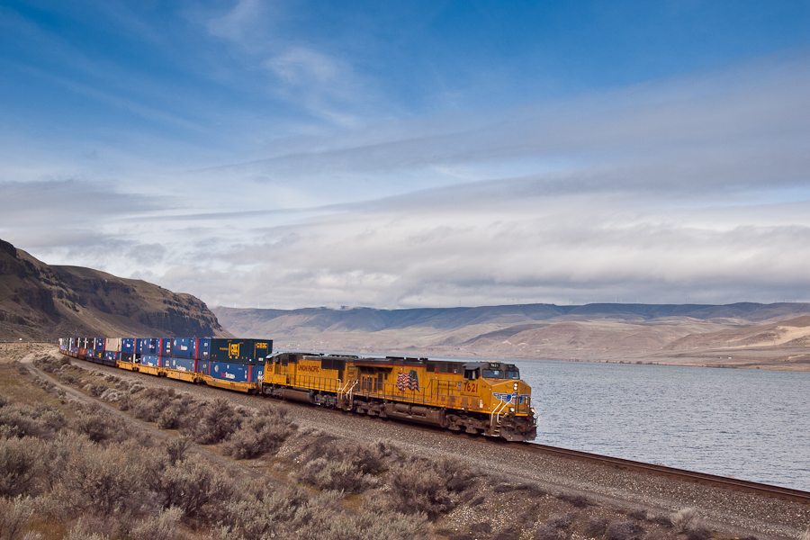 UP 7621 East with stack train