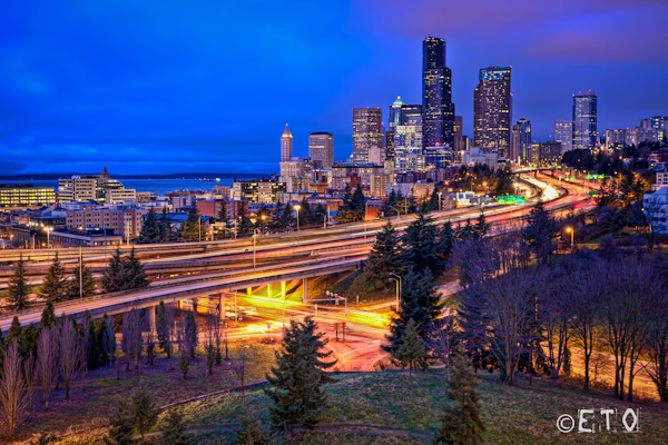 view of downtown Seattle from a 12th street bridge